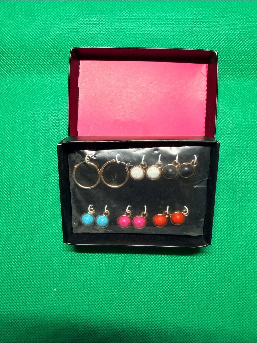 Assorted Color Stone Hoop and Stud Earring Set - Pink, Blue, Red, White, black